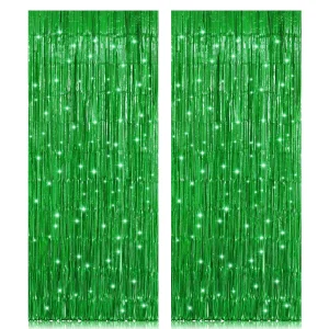 Green Foil Fringe Curtain, Holytech 2 Pack 3.2ft x 8.2ft Metallic Tinsel Foil Fringe Rain Curtain Streamers Photo Backdrop for St Patricks Day Decorations Birthday Christmas Party Decor